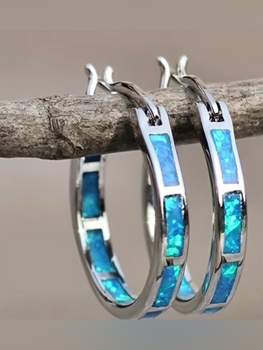 Sterling Silver Blue Opal Inlay Hoop Earrings - Women Jewelry